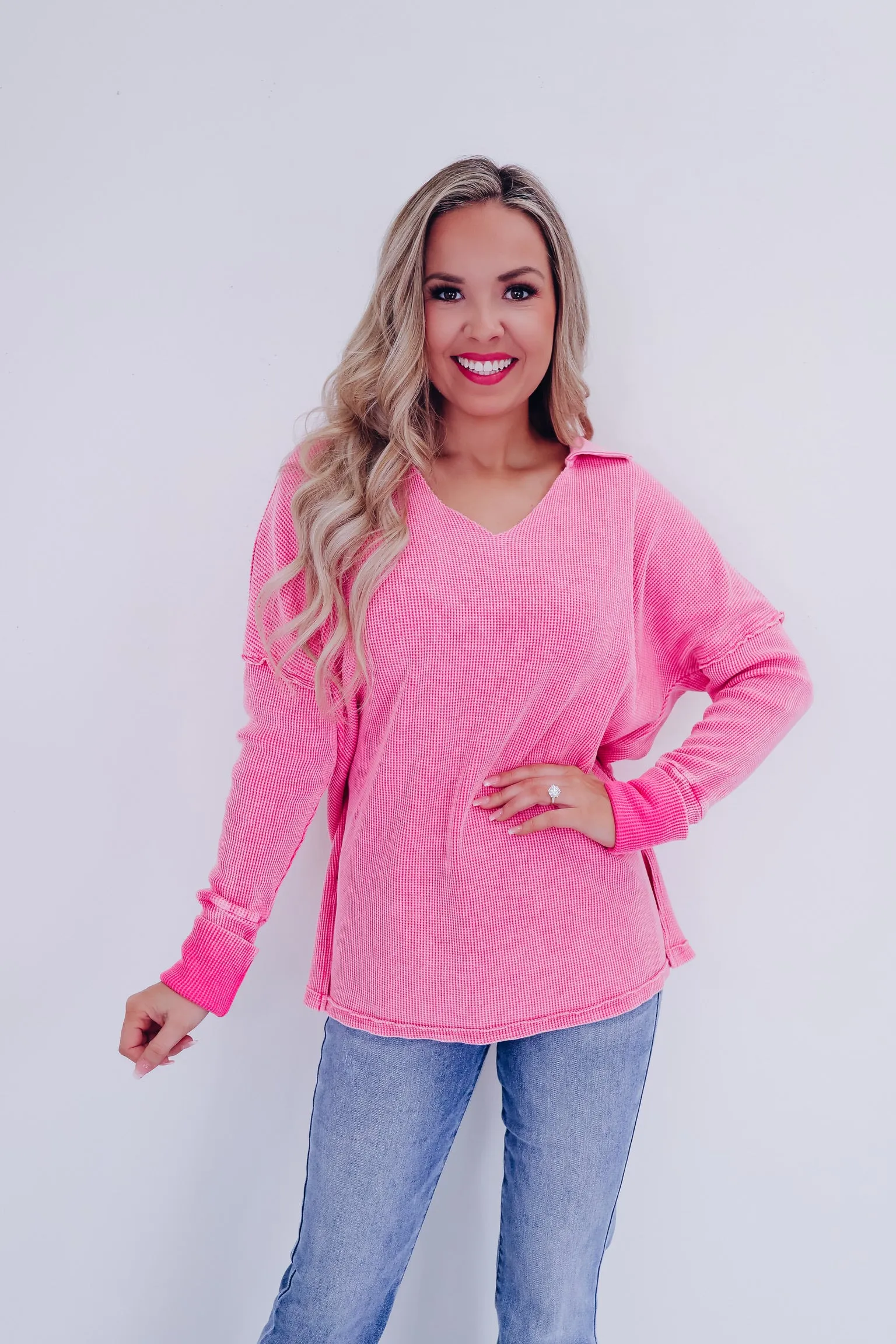 Casual Sophistication Waffle Knit Top - Pink