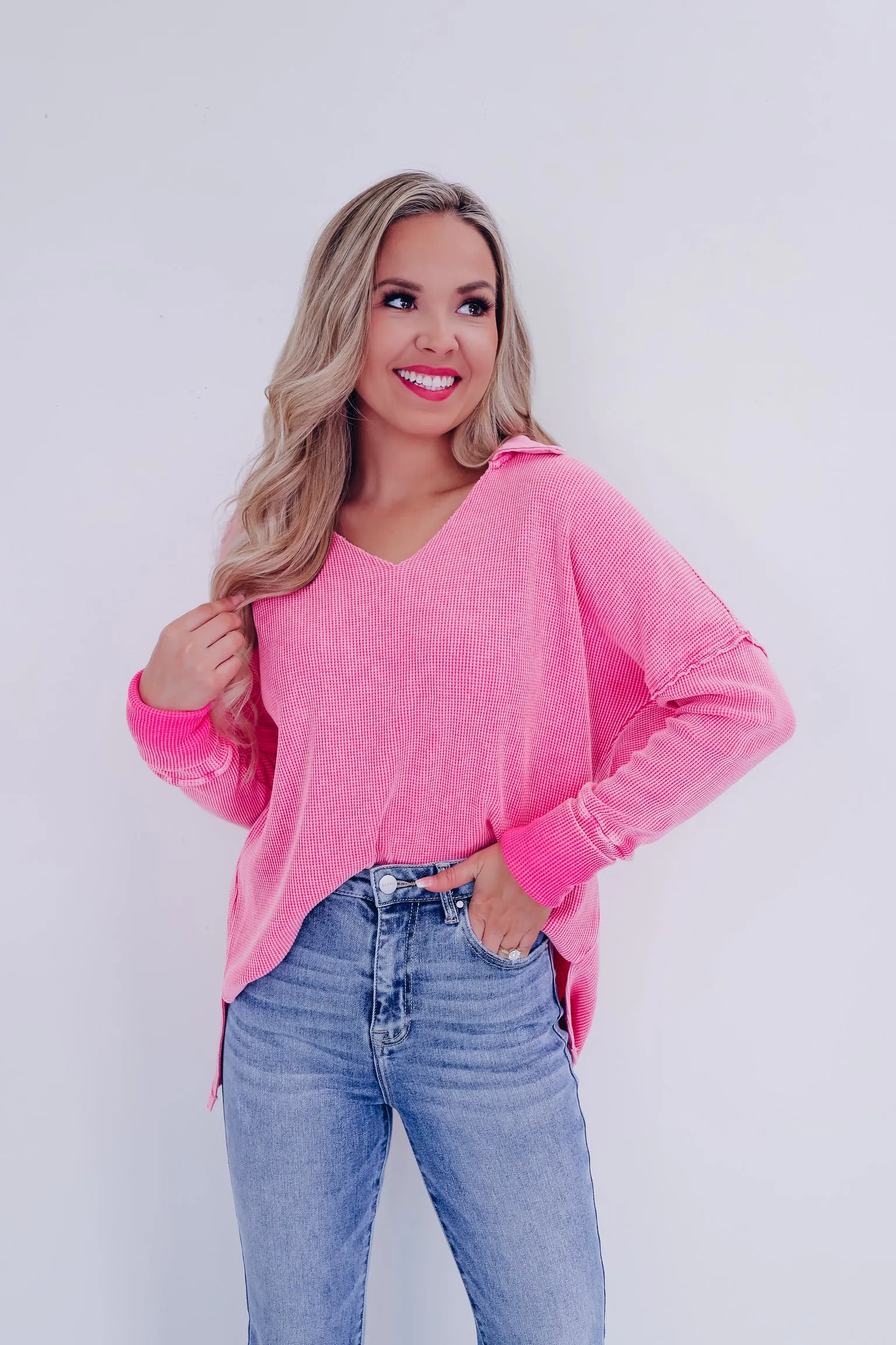 Casual Sophistication Waffle Knit Top - Pink