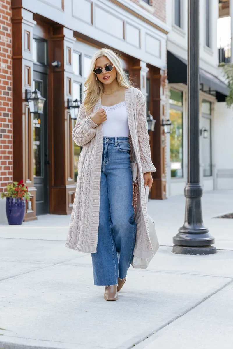 Chunky Cable Knit Duster Cardigan - Light Beige - FINAL SALE