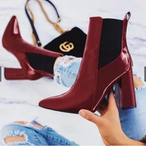 Chunky Heel Patent Leather Chelsea Boots