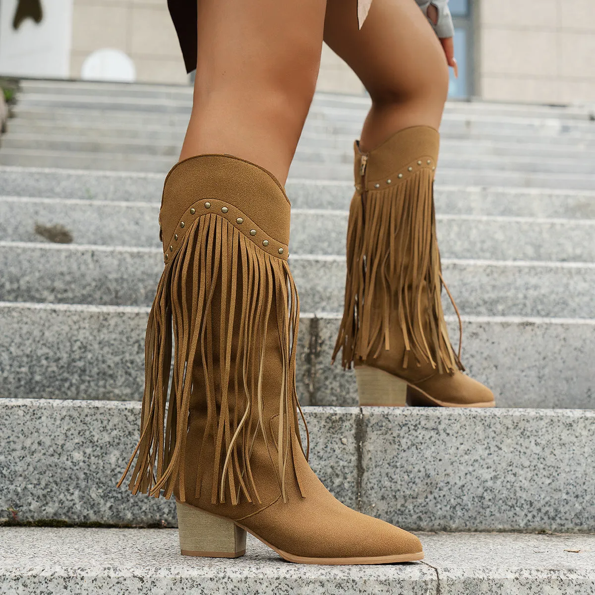 Chunky Heel Women's Boots Artificial Leather Boots With Suede Fringe