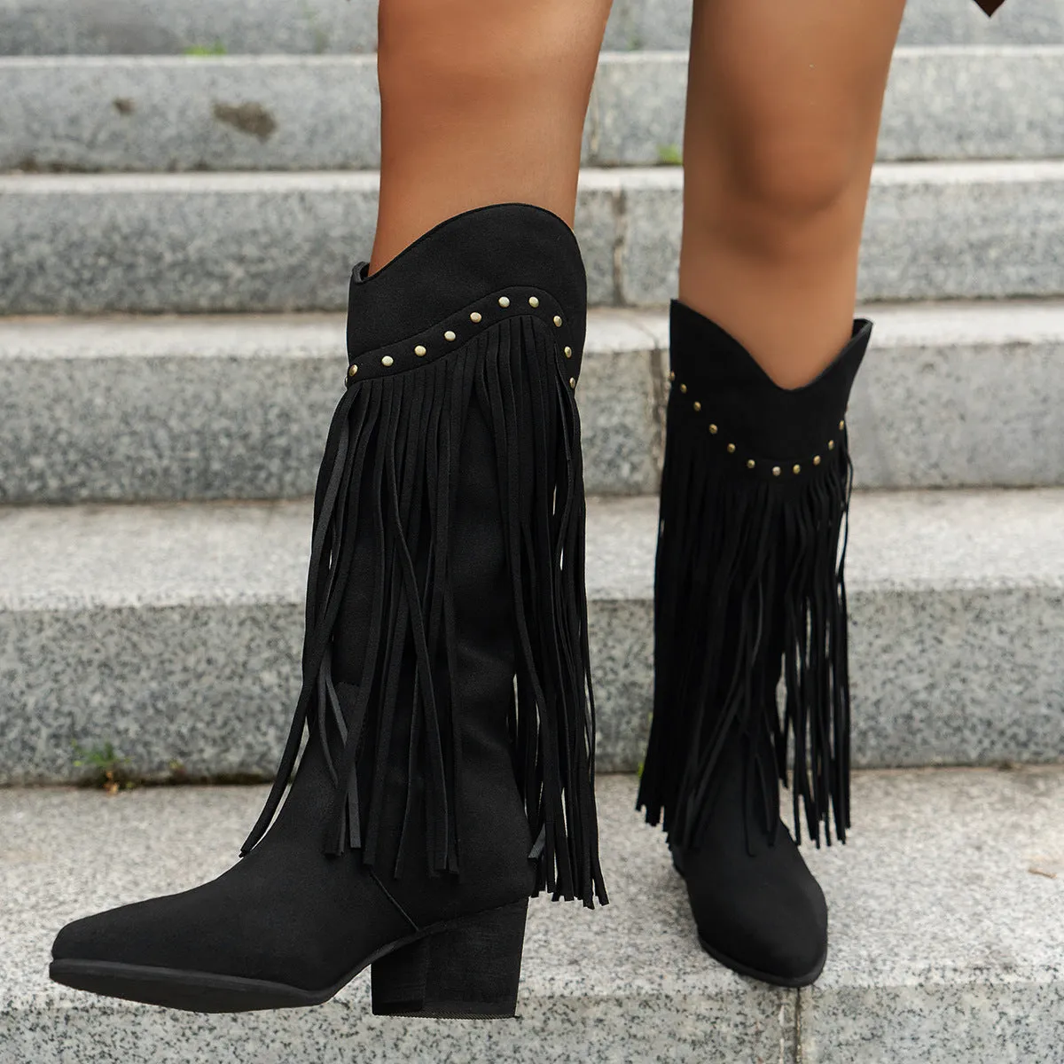 Chunky Heel Women's Boots Artificial Leather Boots With Suede Fringe