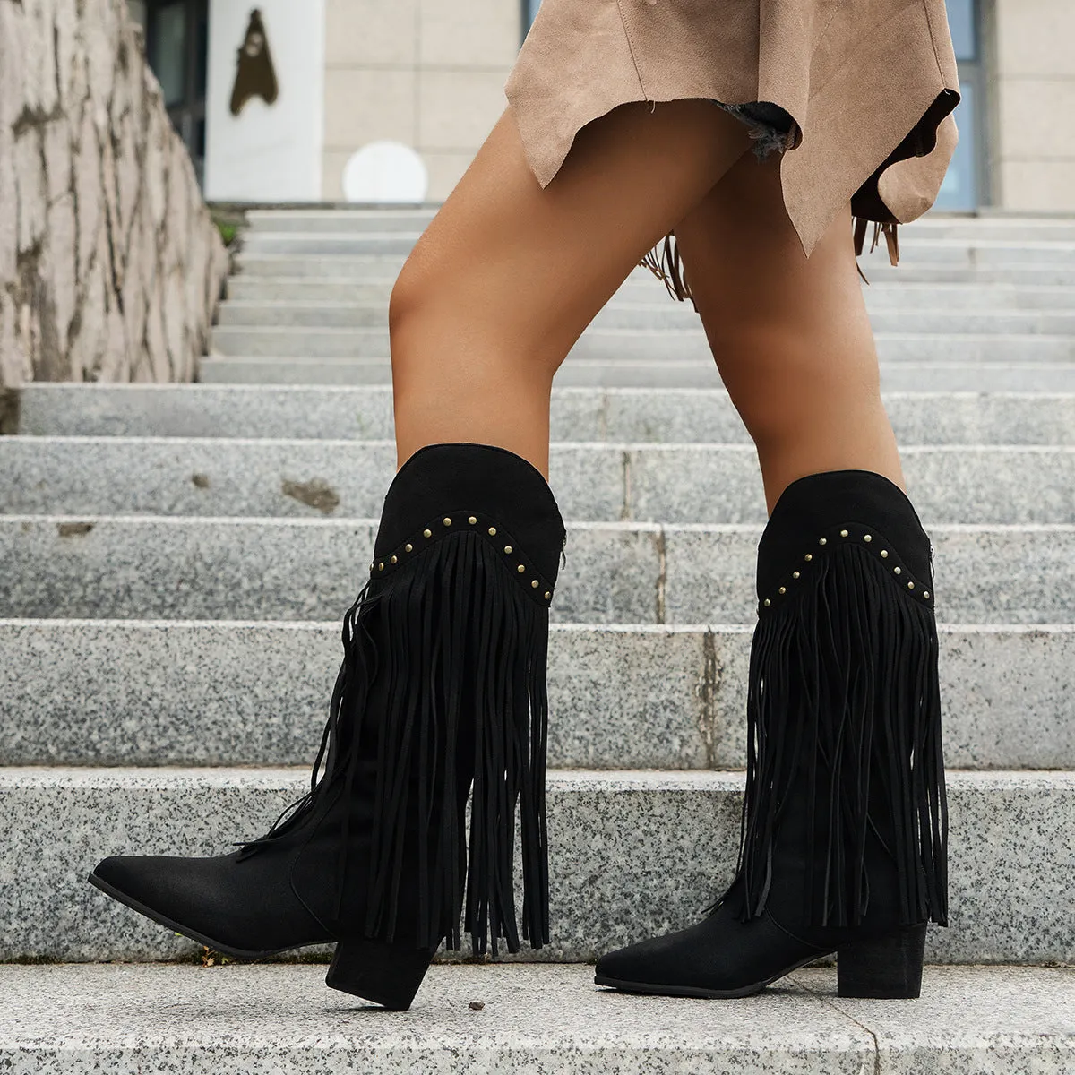 Chunky Heel Women's Boots Artificial Leather Boots With Suede Fringe