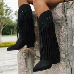 Chunky Heel Women's Boots Artificial Leather Boots With Suede Fringe