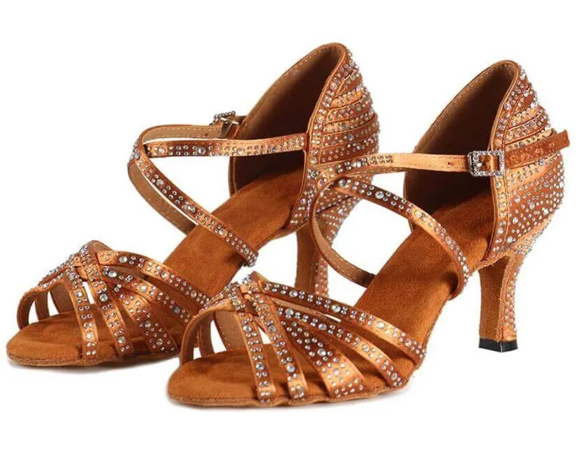 Dark Tan Rhinestone Ballroom Shoes Salsa Latin Dancing Shoes