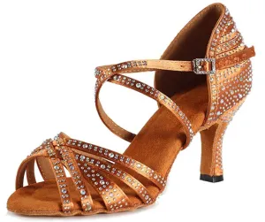 Dark Tan Rhinestone Ballroom Shoes Salsa Latin Dancing Shoes