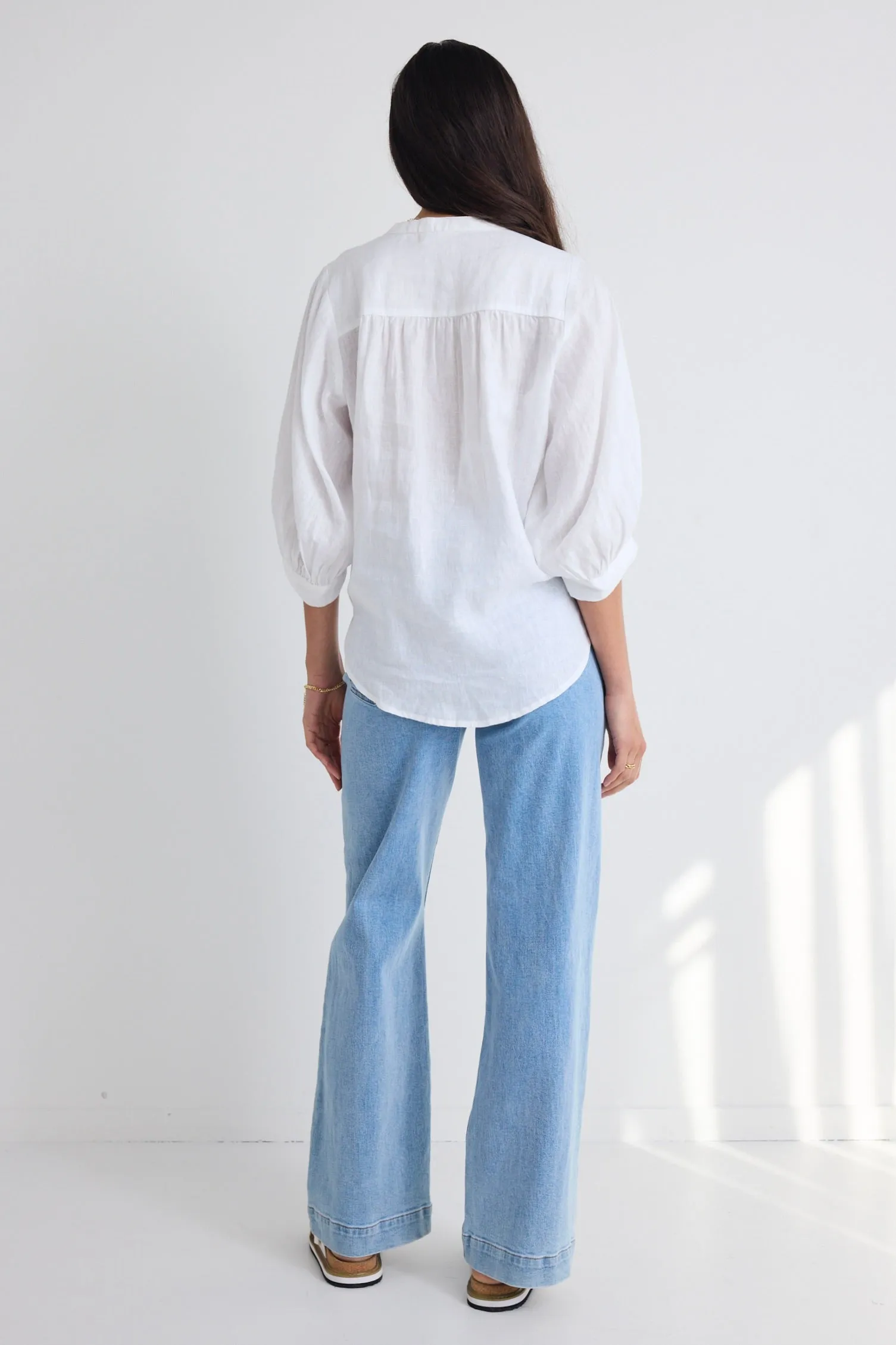 Deity White Linen Button Through Puff Sleeve Blouse