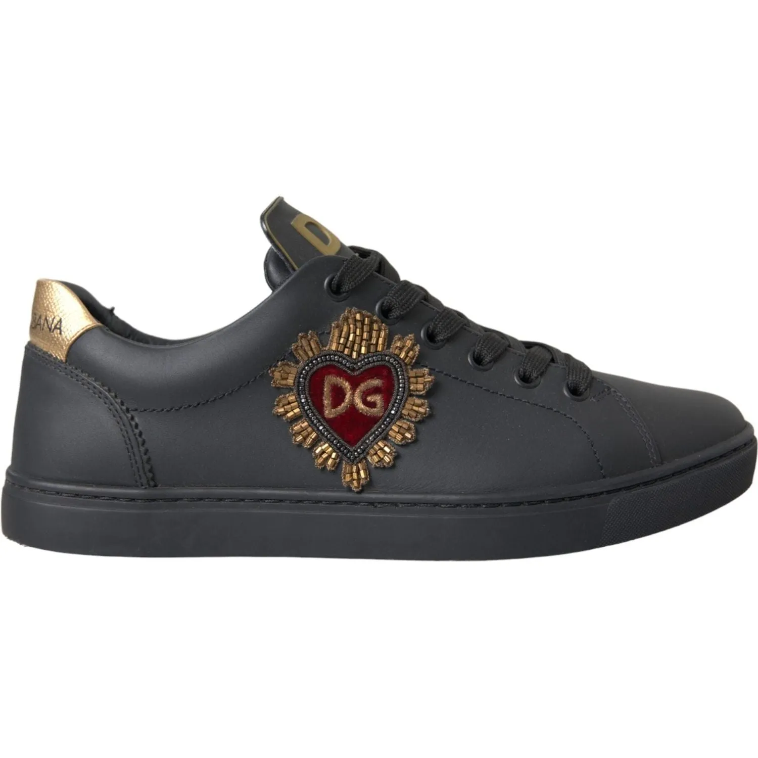 Dolce & Gabbana Black Leather Heart Embellished Sneakers Shoes