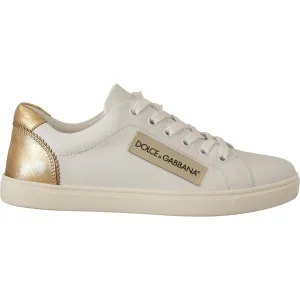 Dolce & Gabbana Elegant White Leather Sneakers with Gold Accents