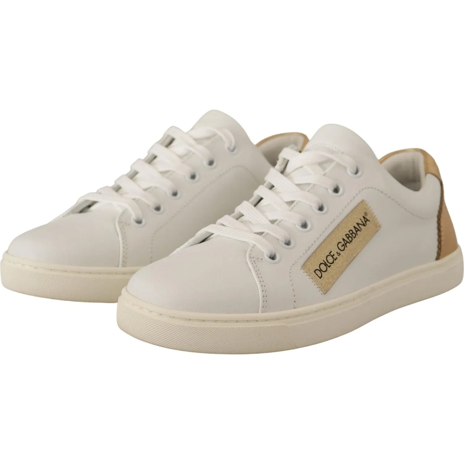 Dolce & Gabbana Elegant White Leather Sneakers with Gold Accents