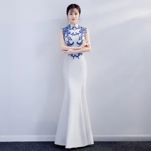 dunnmall White Syage Show Cheongsam Women's Young New Fishtail Long Performance Fashionable Elegant Improve Chinese Style Evening Dress