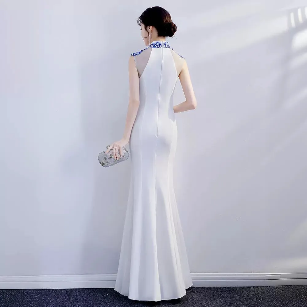 dunnmall White Syage Show Cheongsam Women's Young New Fishtail Long Performance Fashionable Elegant Improve Chinese Style Evening Dress