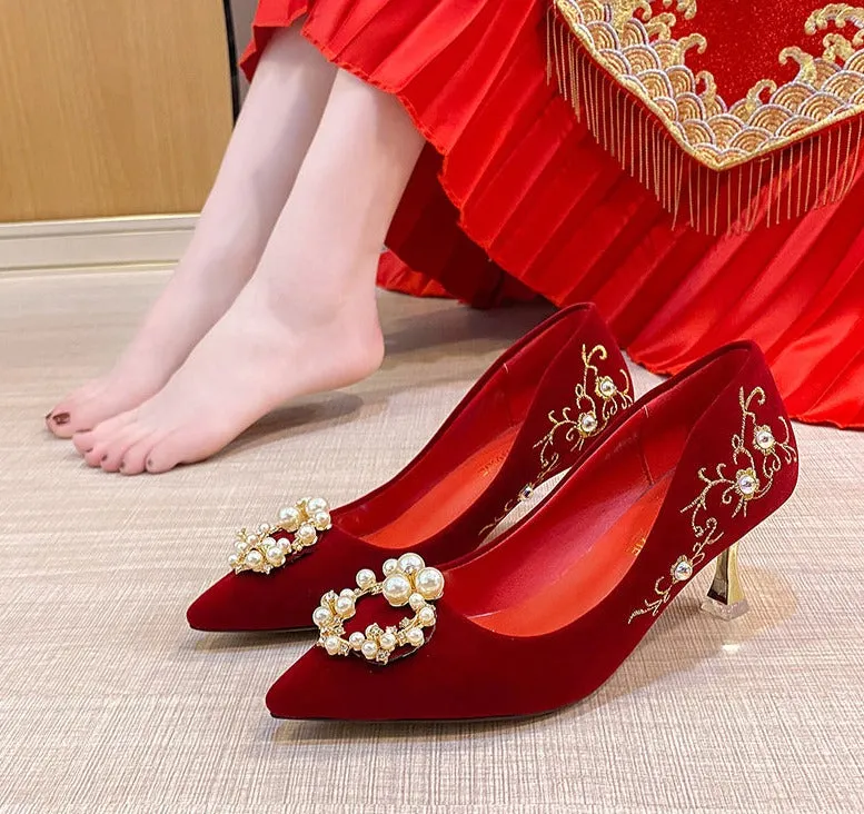 Elegant Embroidery Rhinestone Pearl Buckle Wedding Shoes for Chinese Wedding