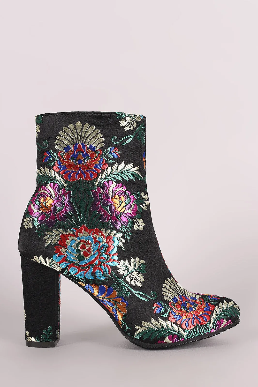 Floral Brocade Satin Chunky Heeled Ankle Boots