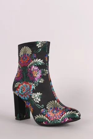 Floral Brocade Satin Chunky Heeled Ankle Boots