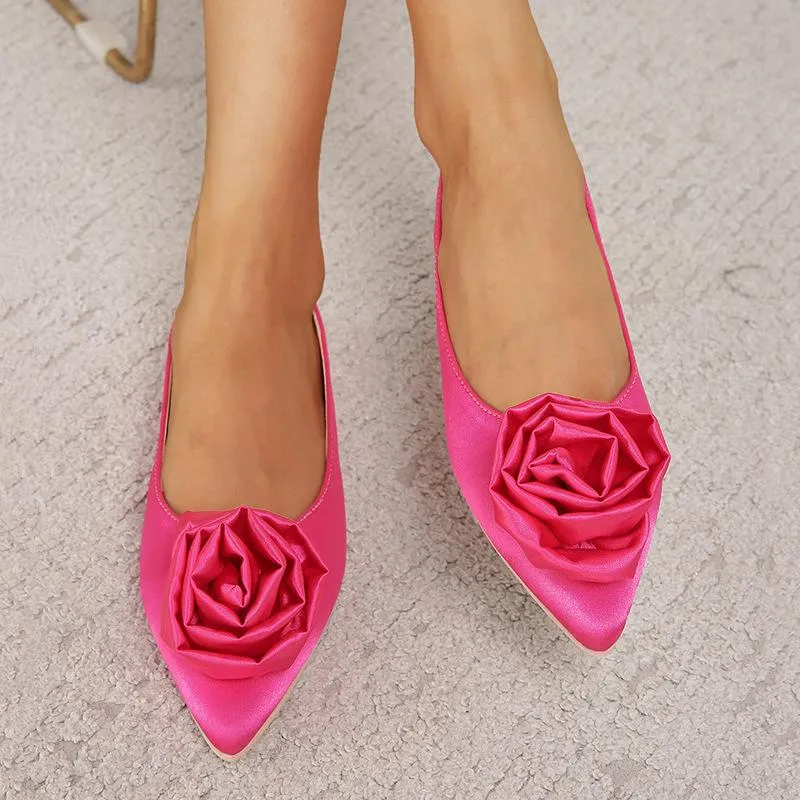 Floral Decorated Pointed Toe Satin Flats