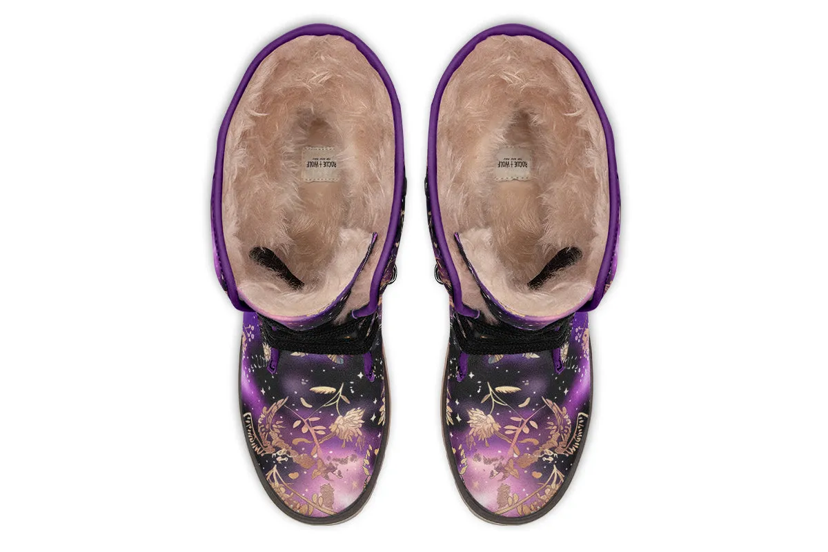 Galactic Bloom Fold Over Winter Boots - Microsuede Vegan Boots with Fur Lining and Convertible Style