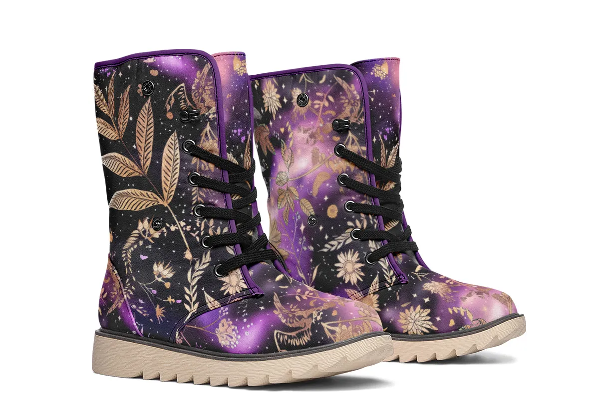 Galactic Bloom Fold Over Winter Boots - Microsuede Vegan Boots with Fur Lining and Convertible Style