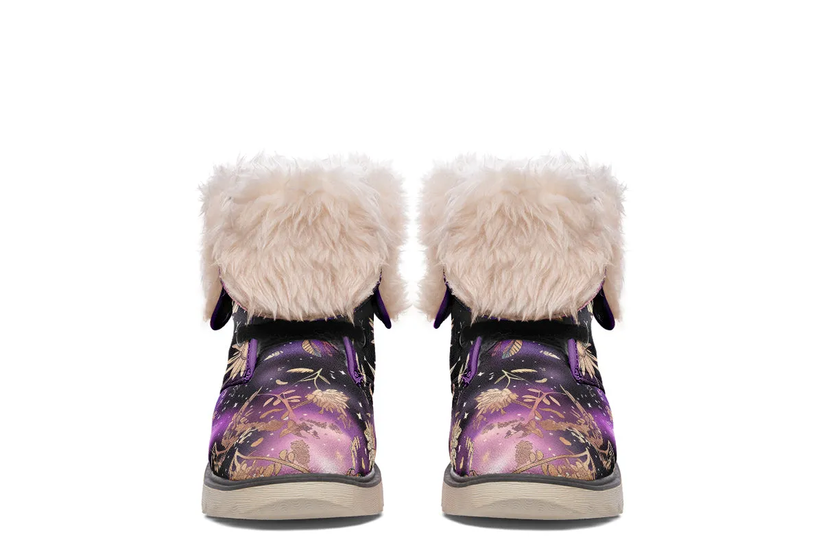 Galactic Bloom Fold Over Winter Boots - Microsuede Vegan Boots with Fur Lining and Convertible Style