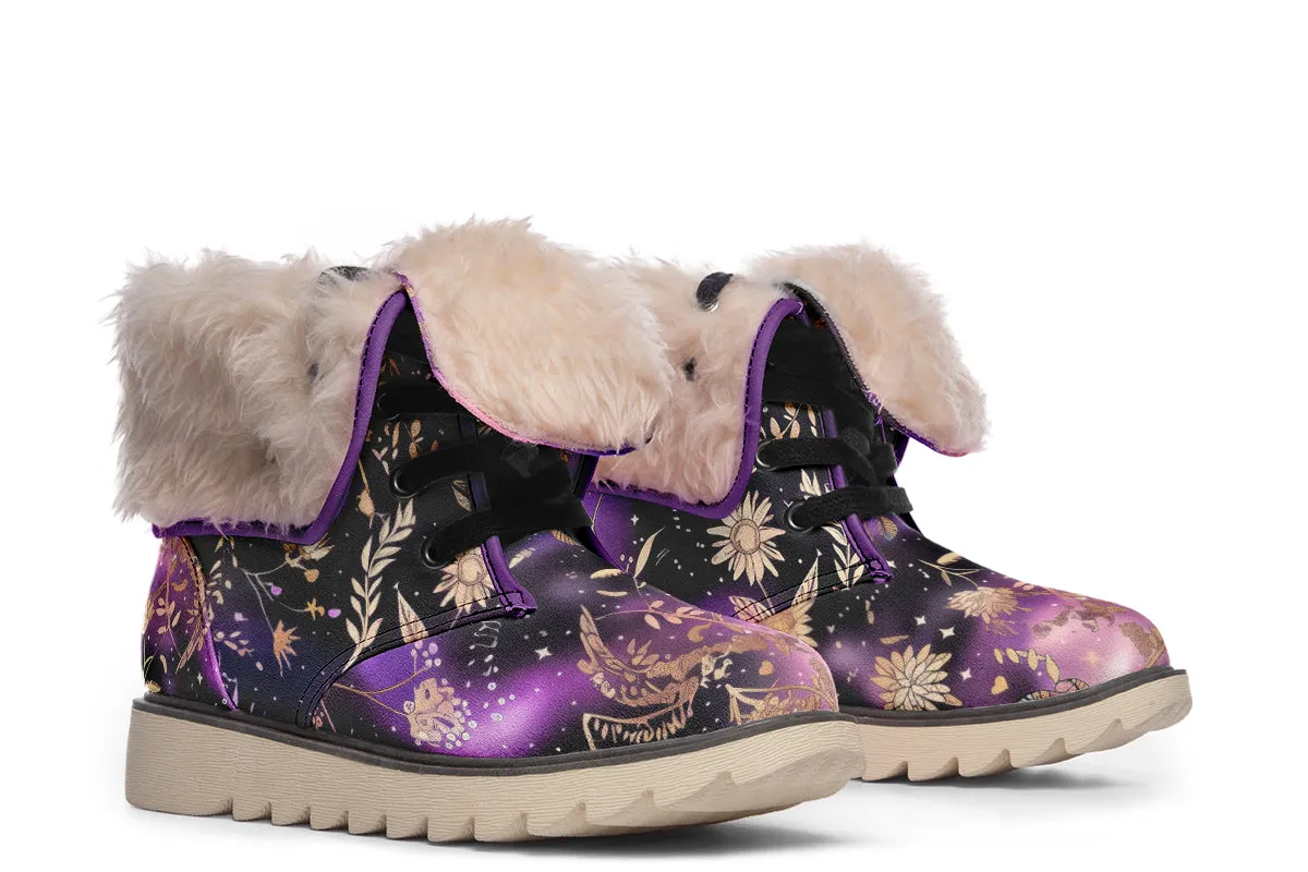 Galactic Bloom Fold Over Winter Boots - Microsuede Vegan Boots with Fur Lining and Convertible Style