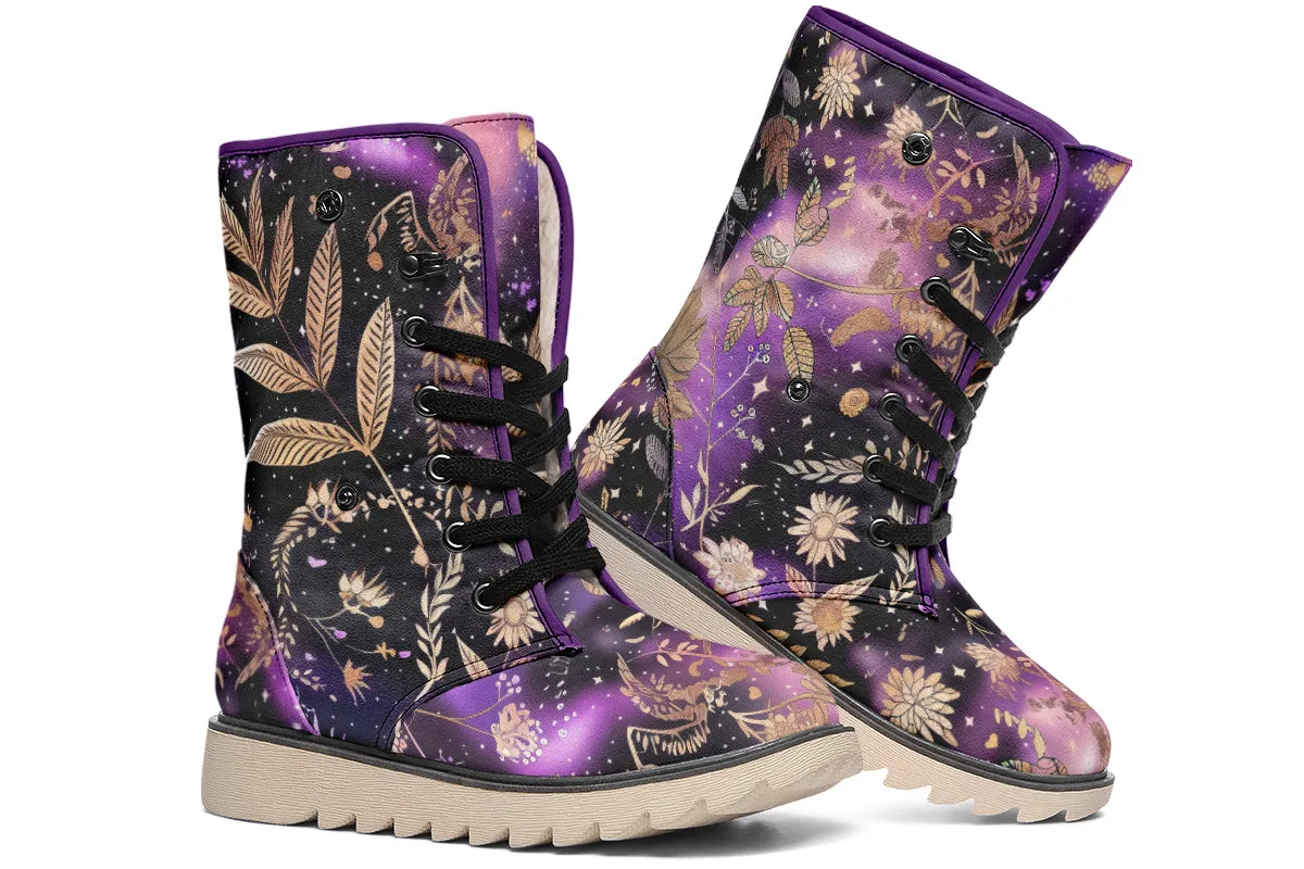 Galactic Bloom Fold Over Winter Boots - Microsuede Vegan Boots with Fur Lining and Convertible Style