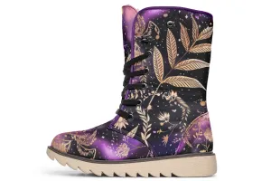 Galactic Bloom Fold Over Winter Boots - Microsuede Vegan Boots with Fur Lining and Convertible Style