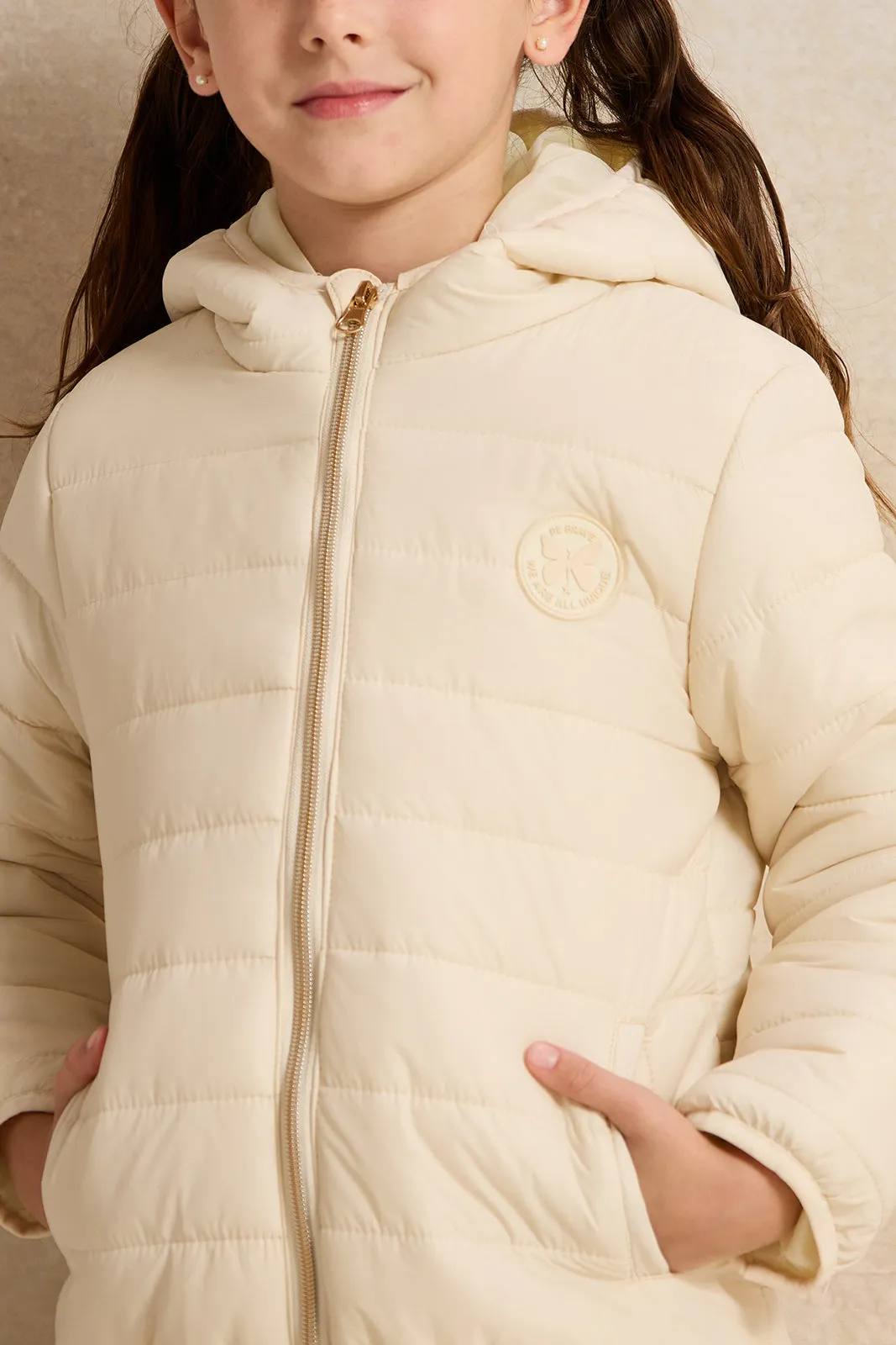 Girls Beige Padded Hooded Jacket