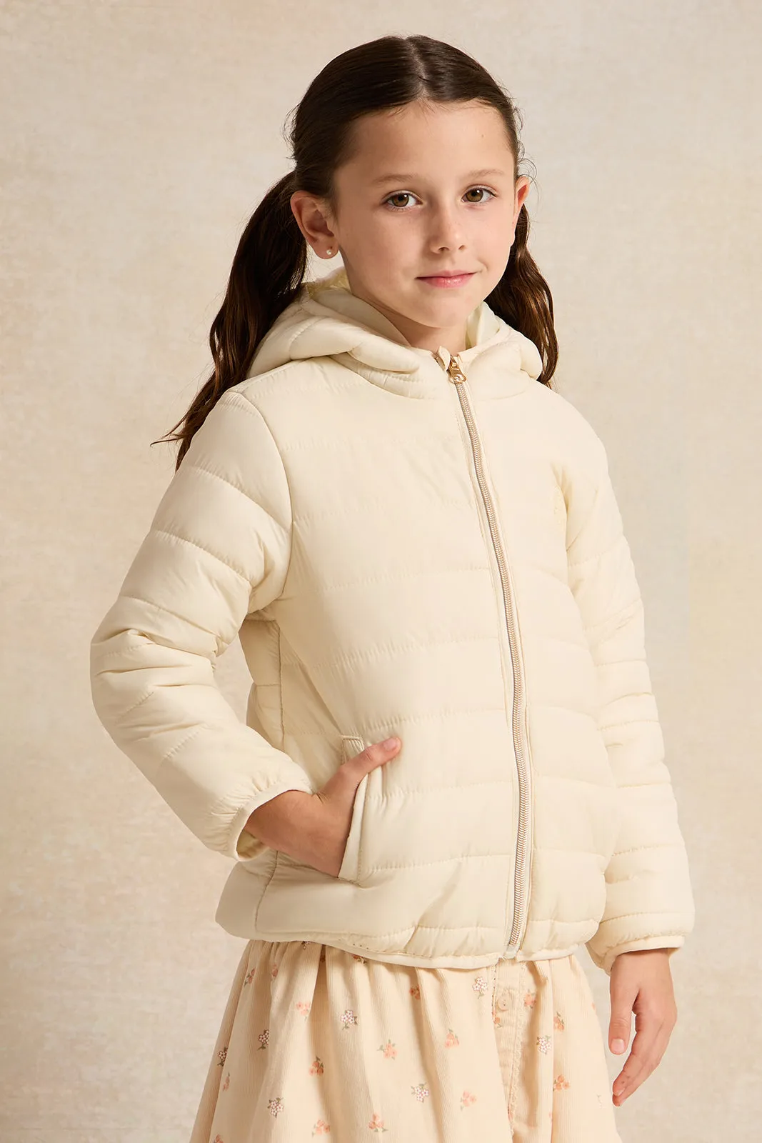 Girls Beige Padded Hooded Jacket