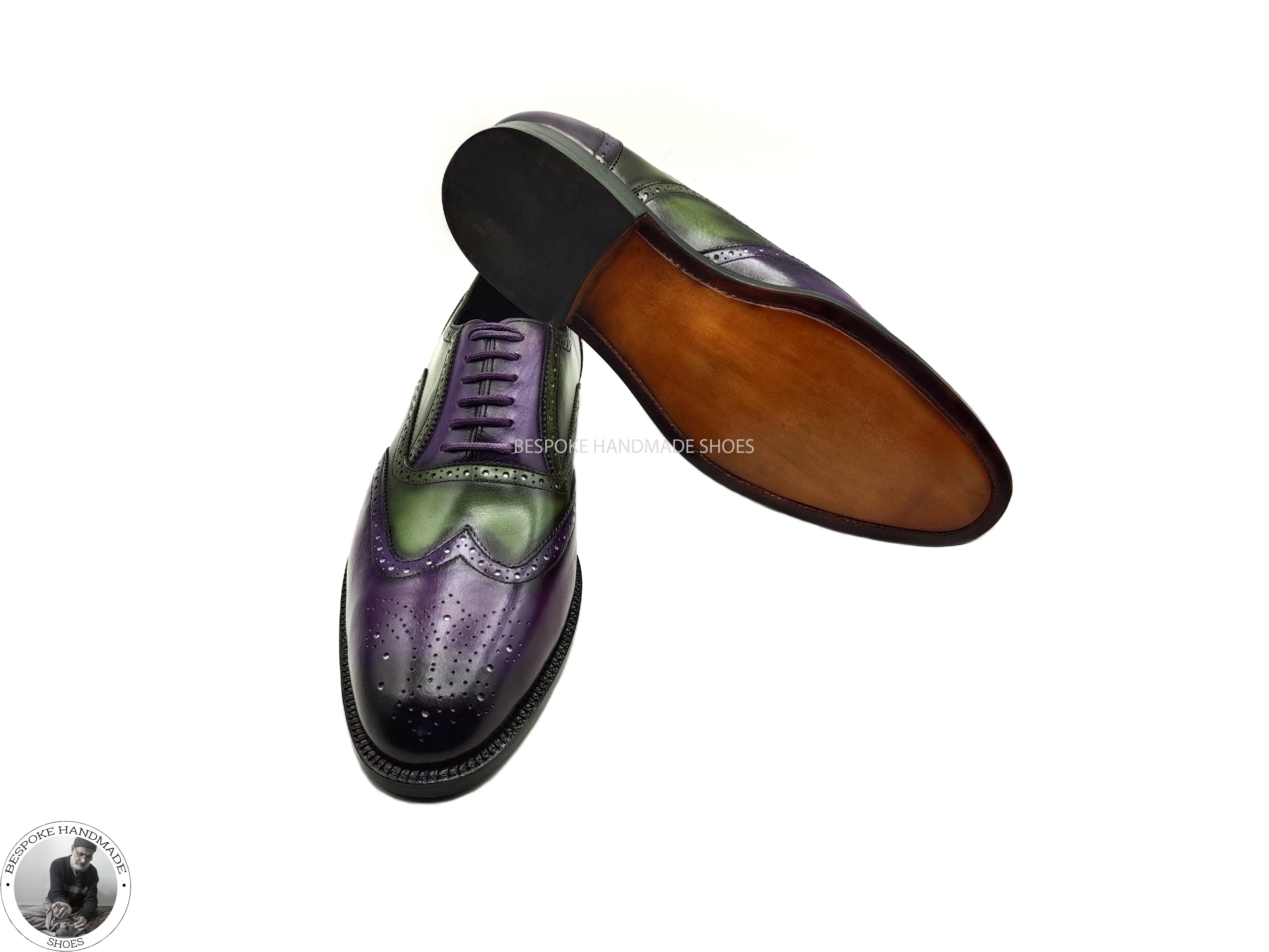 Handmade Genuine Green And Purple Leather  Wingtip Brogue Oxford Lace Up Wedding Shoes