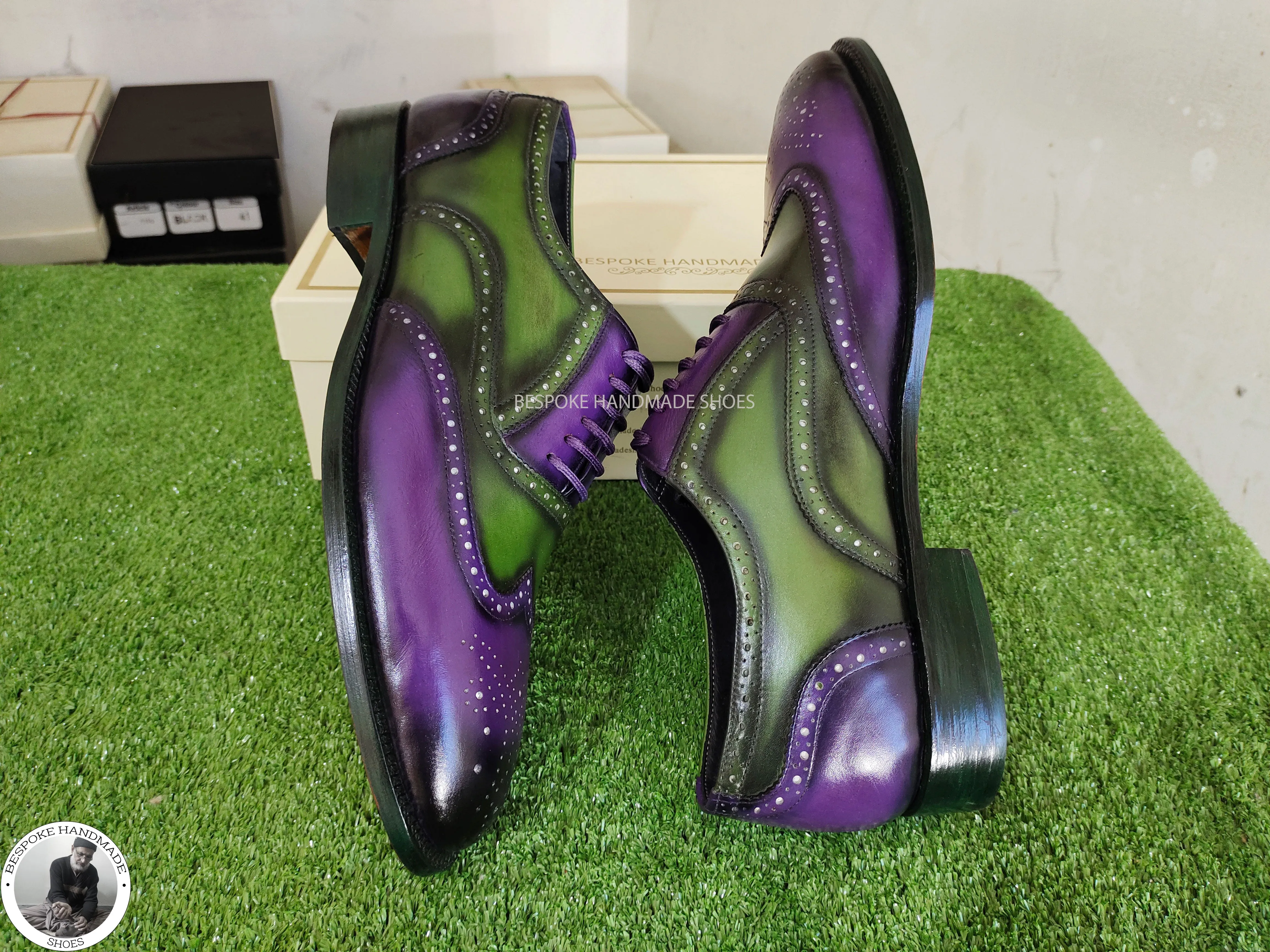 Handmade Genuine Green And Purple Leather  Wingtip Brogue Oxford Lace Up Wedding Shoes