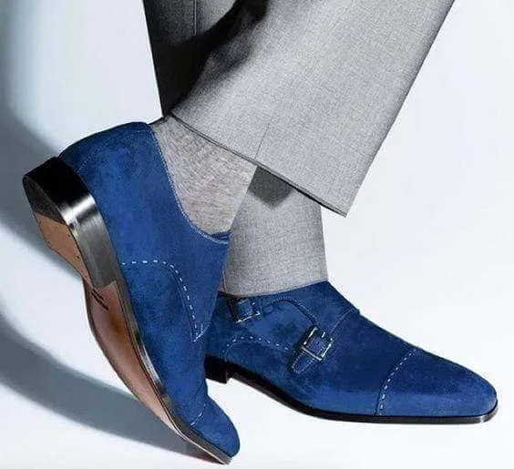 Handmade Men's Blue Suede Monk Strap Cap Toe Shoes