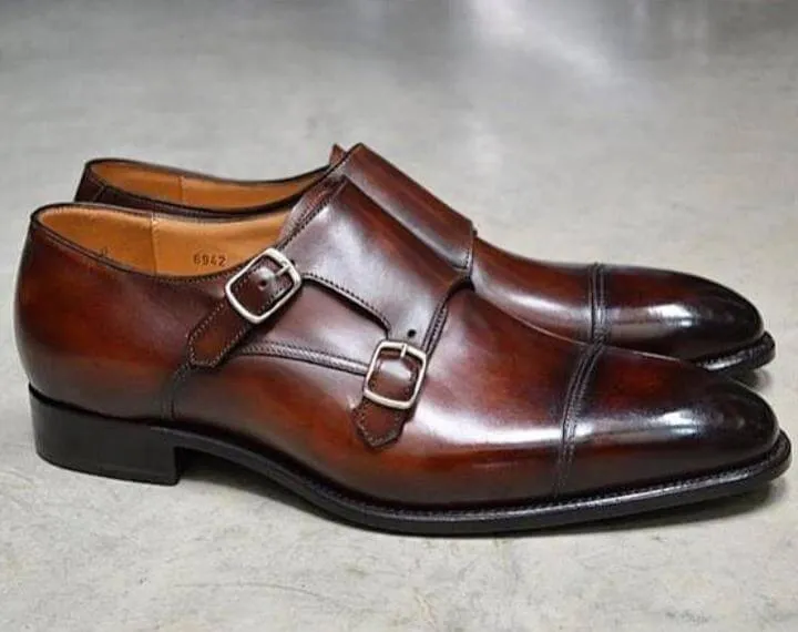 Handmade Men's Brown Leather Monk Strap Cap Toe Shoe