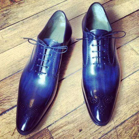 Handmade Men's Leather Blue Brogue Derby Shoes