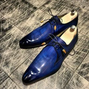 Handmade Men's Leather Blue Derby Shoes