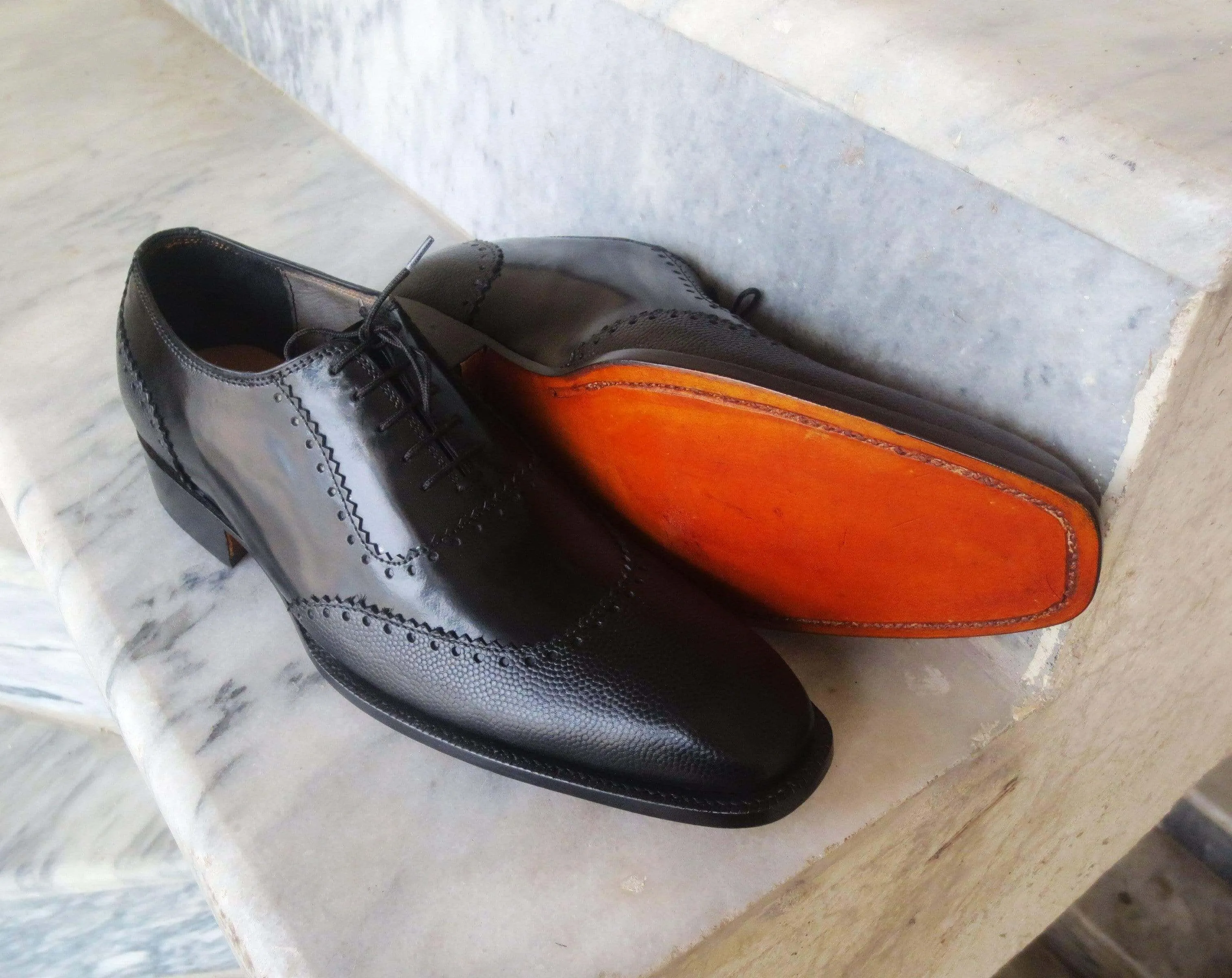 Handmade Men's Pebbled Leather Black Round Toe Shoes