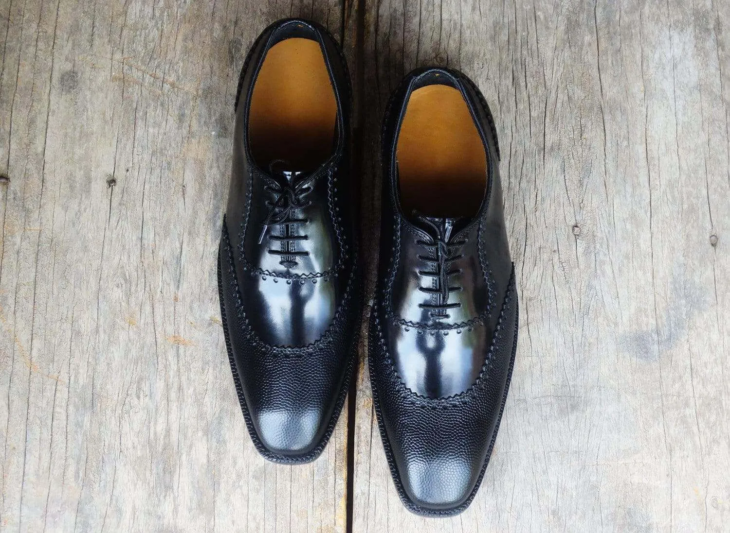 Handmade Men's Pebbled Leather Black Round Toe Shoes