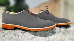 Handmade Men's Suede Gray Derby Lace Up Shoes