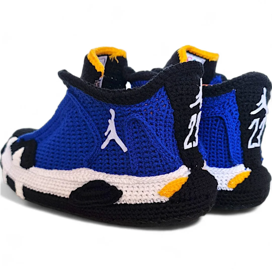 Jordan 14 Laney - Handmade Crochet Slippers - Cozy Blue and Black Knitted Sneakers