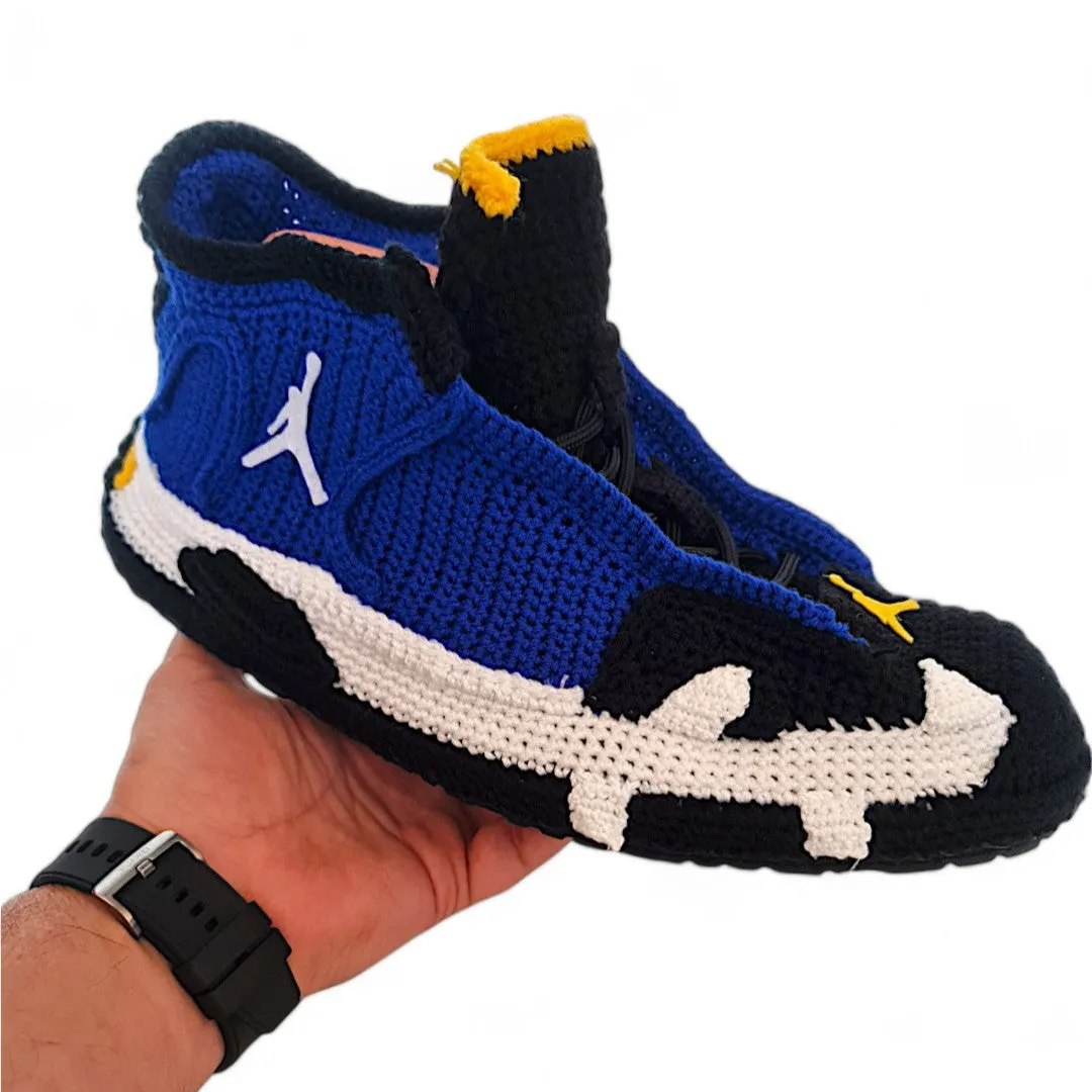 Jordan 14 Laney - Handmade Crochet Slippers - Cozy Blue and Black Knitted Sneakers