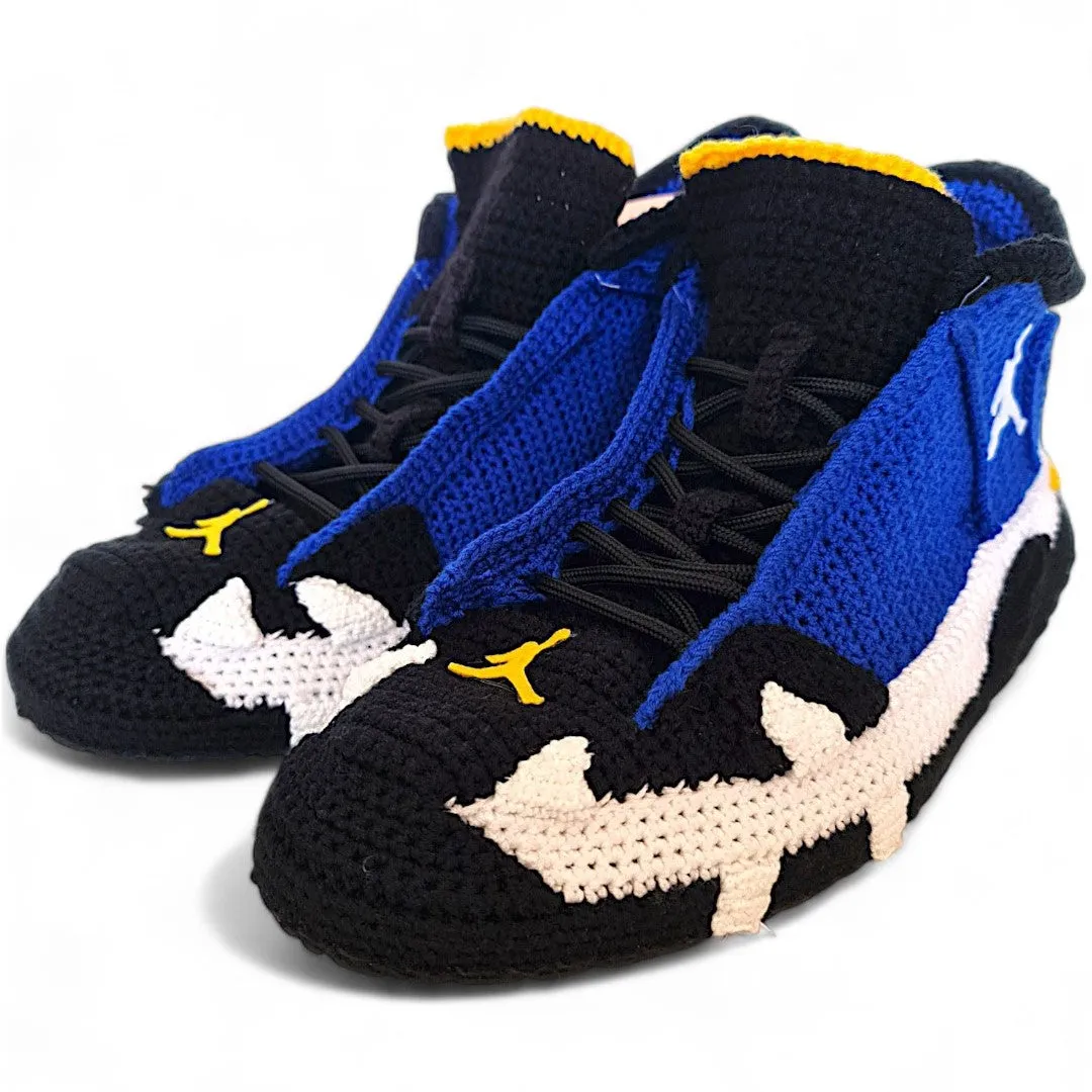 Jordan 14 Laney - Handmade Crochet Slippers - Cozy Blue and Black Knitted Sneakers