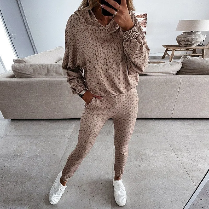 Joskaa Solid Long Sleeve Tops And Pocket Sweatpants Tracksuit Fashion Sports Women 2Pc Set Outfits Casual Loose Hooded Sweatshirt Suit