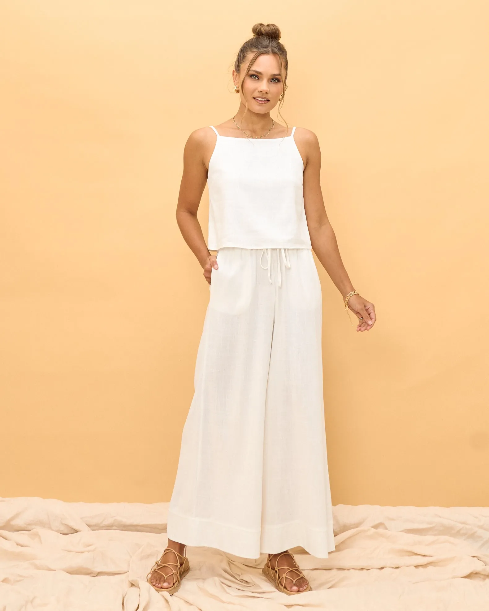 Levie White Linen Wide Leg Pants