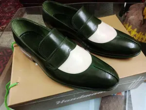 Loafers Men's Split Toe Green White Leather Shoes