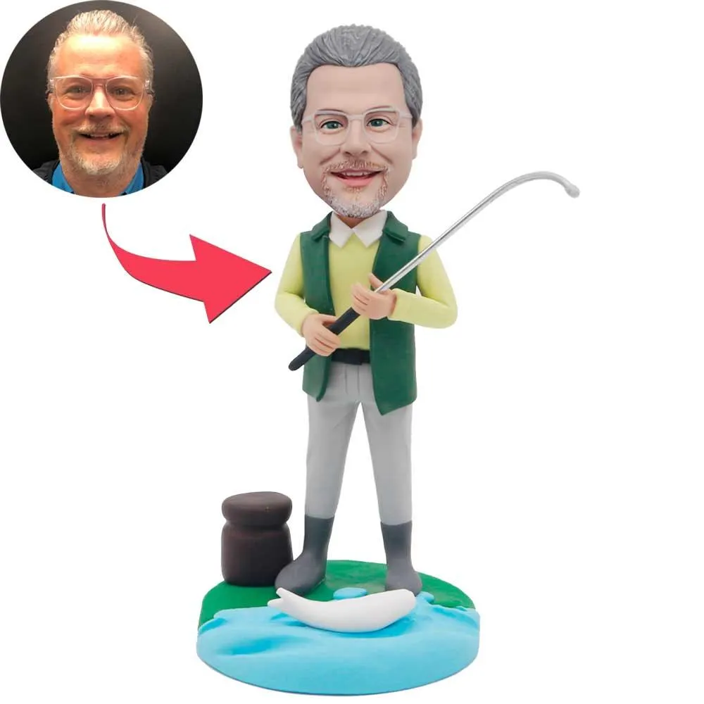 Male Fisherman with Fishing Rod and Fishing Basket Custom Figure Bobbleheads