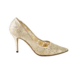 Manolo Blahnik Gold Brocade and Mesh Pointed Toe Pumps