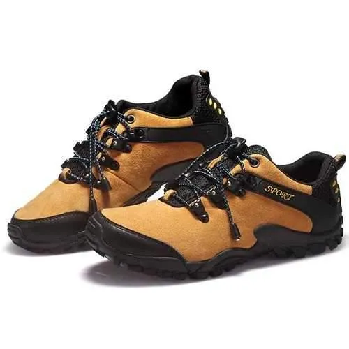 Men Sprot Running Shoes Leather Round Toe Lace Up Hiking Shoes Anti Slip