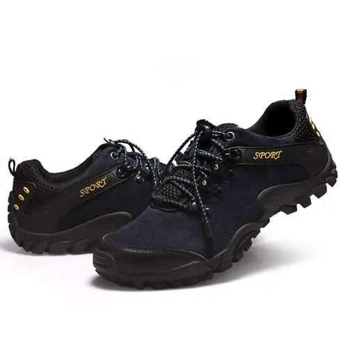 Men Sprot Running Shoes Leather Round Toe Lace Up Hiking Shoes Anti Slip