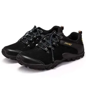 Men Sprot Running Shoes Leather Round Toe Lace Up Hiking Shoes Anti Slip