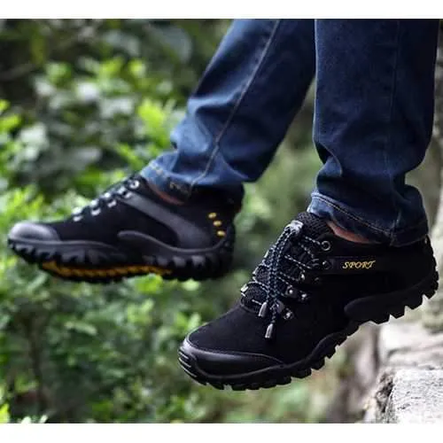 Men Sprot Running Shoes Leather Round Toe Lace Up Hiking Shoes Anti Slip