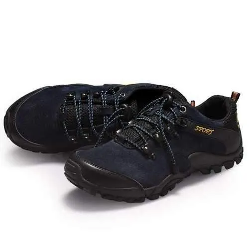 Men Sprot Running Shoes Leather Round Toe Lace Up Hiking Shoes Anti Slip